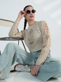 Women's Distressed Beige Crochet Top with Chain Detail