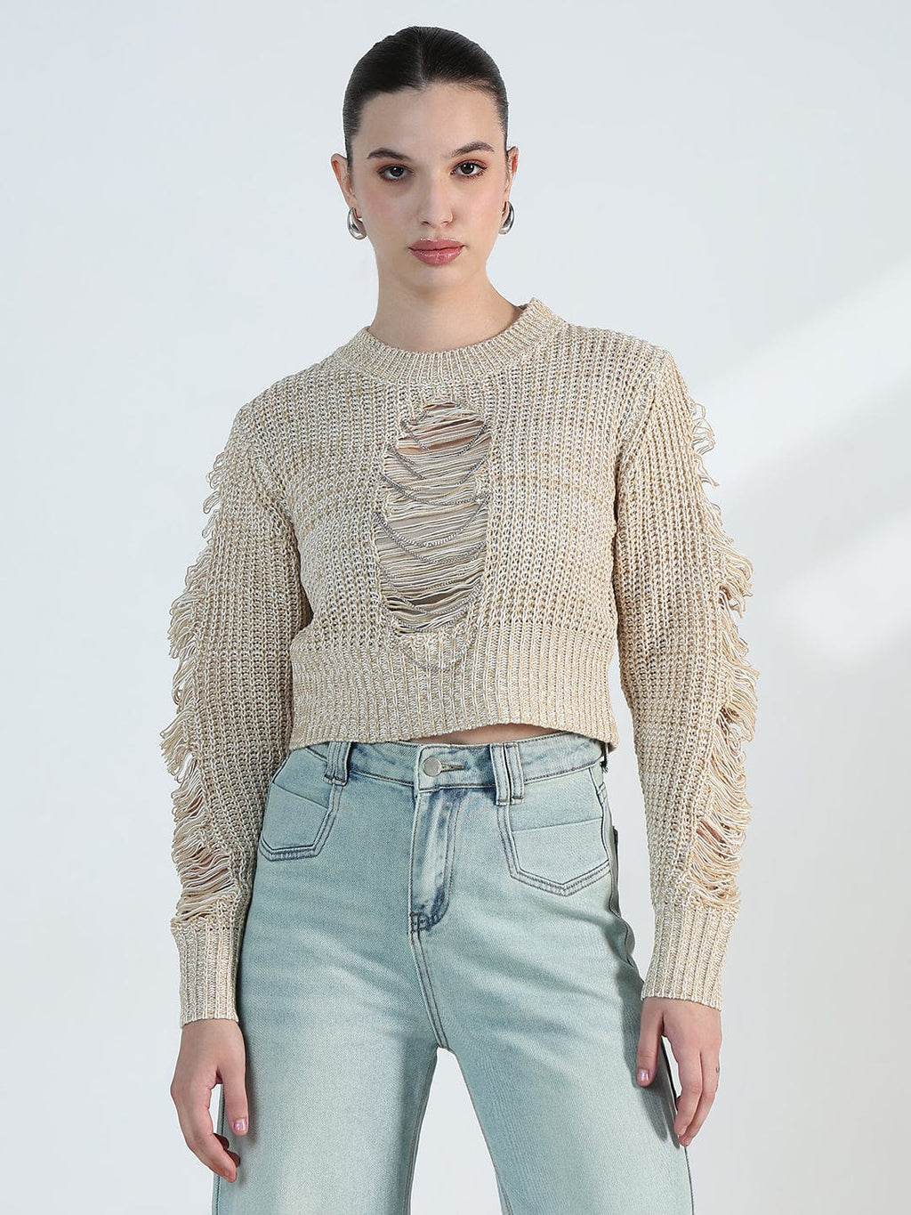 Women's Distressed Beige Crochet Top with Chain Detail