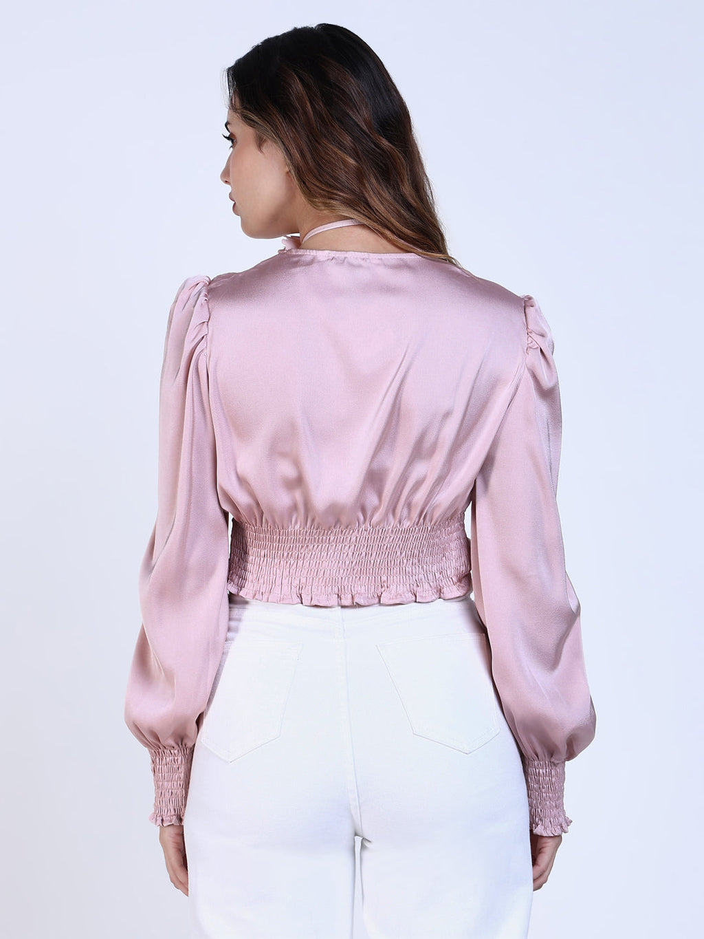 Women's Pink Satin Knot Crop Top with Flower Neck Tie