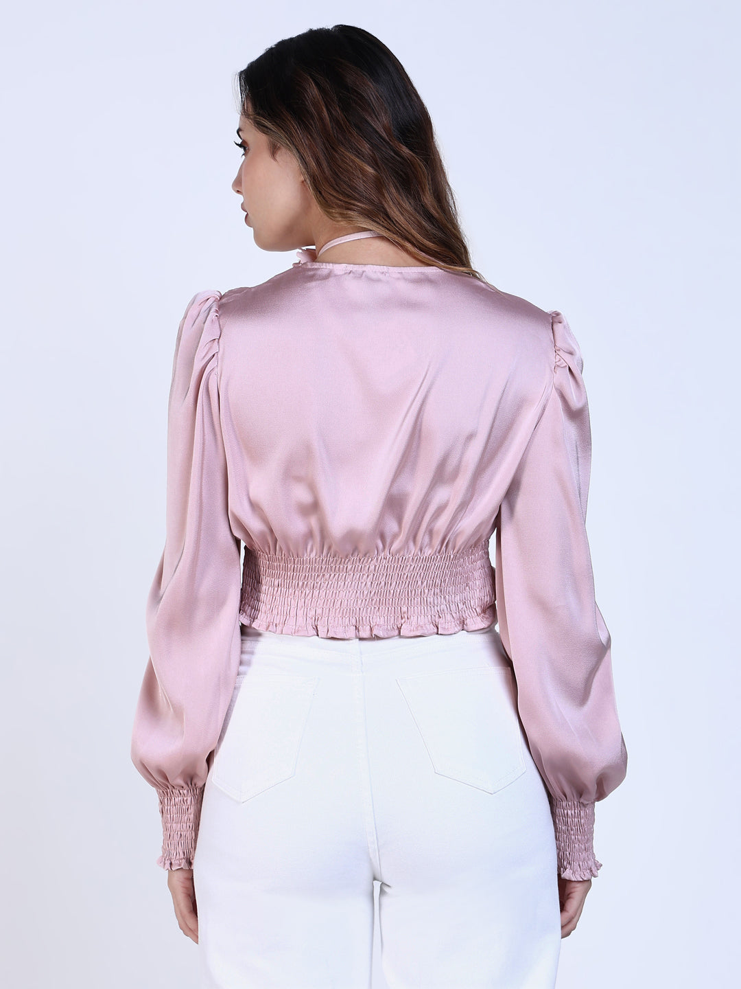 Women's Pink Satin Knot Crop Top with Flower Neck Tie