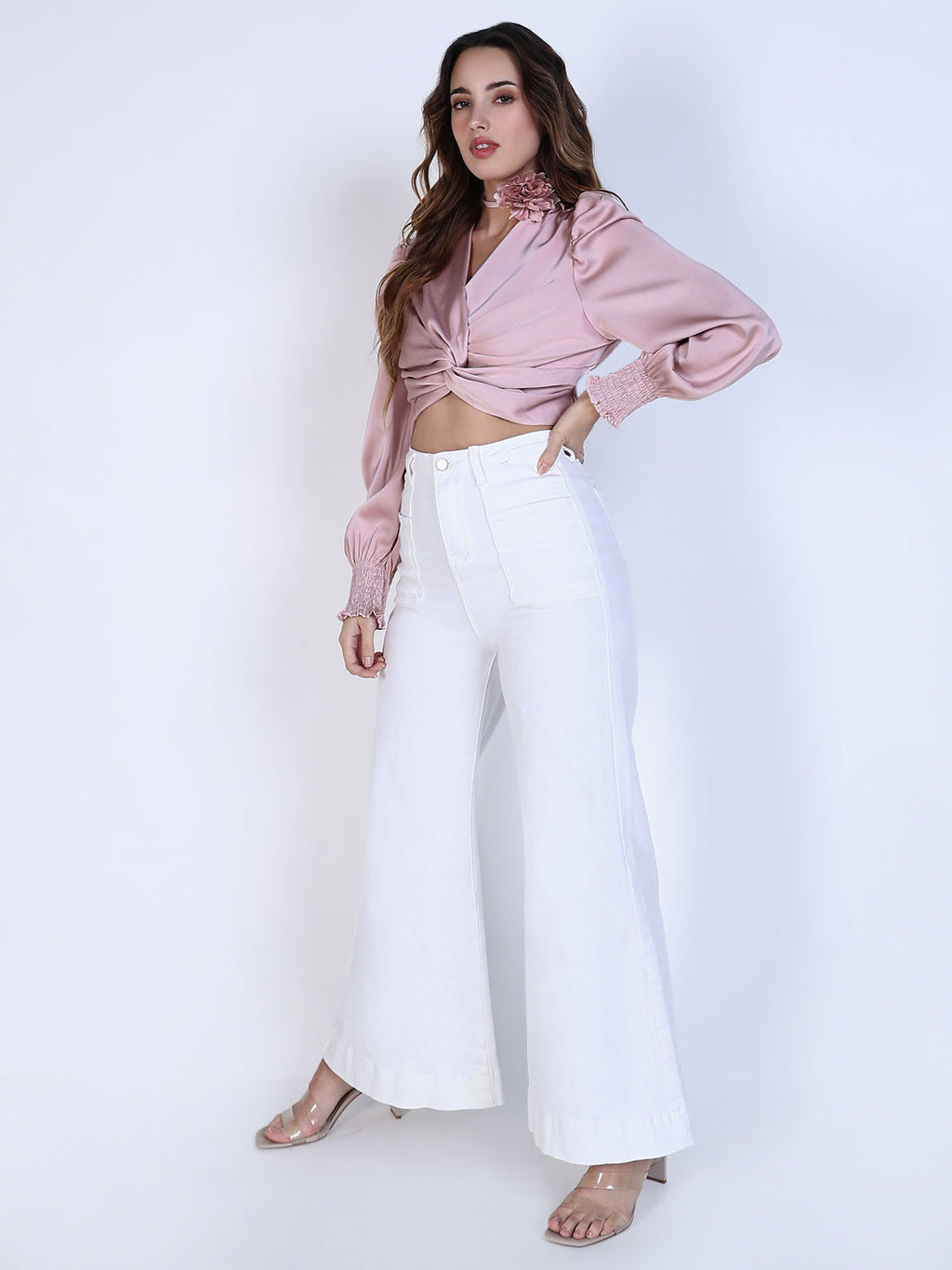 Women's Pink Satin Knot Crop Top with Flower Neck Tie
