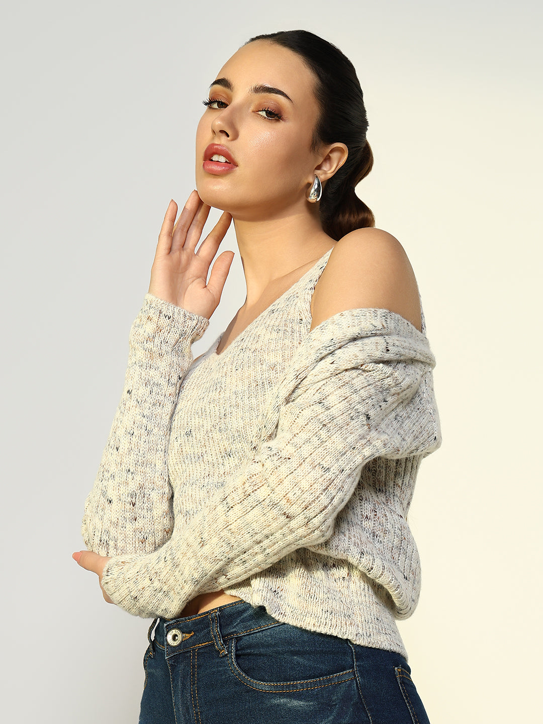 Women's Ribbed Grey Crop Top with Shrug