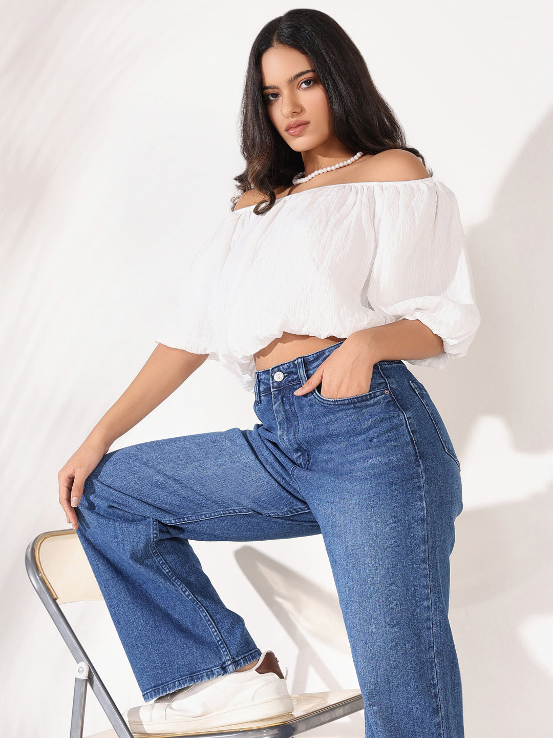 Women's White Solid Crop Top with Chain