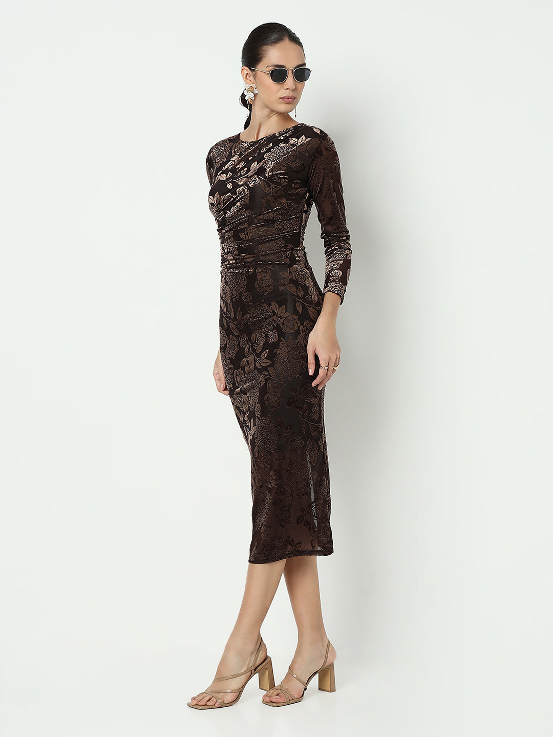 Women's Floral Brown Velvet Bodycon Maxi Dress with Back Slit