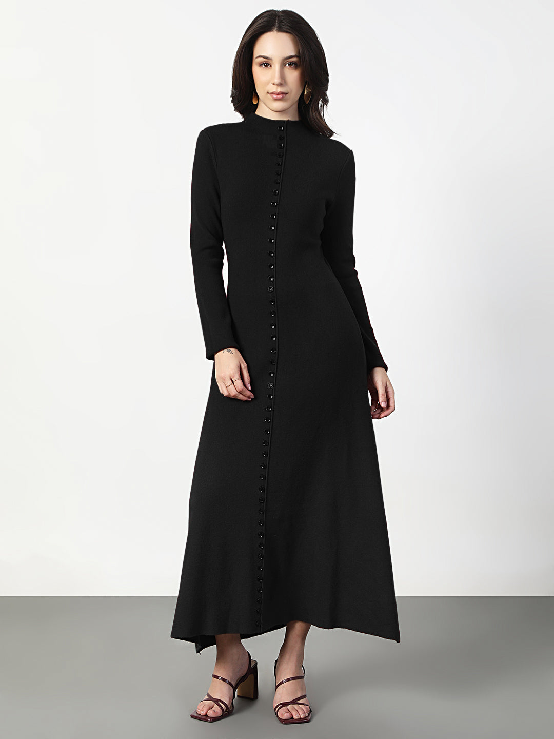 Women's Black Long Sleeve Maxi Dress with Front Button Detail