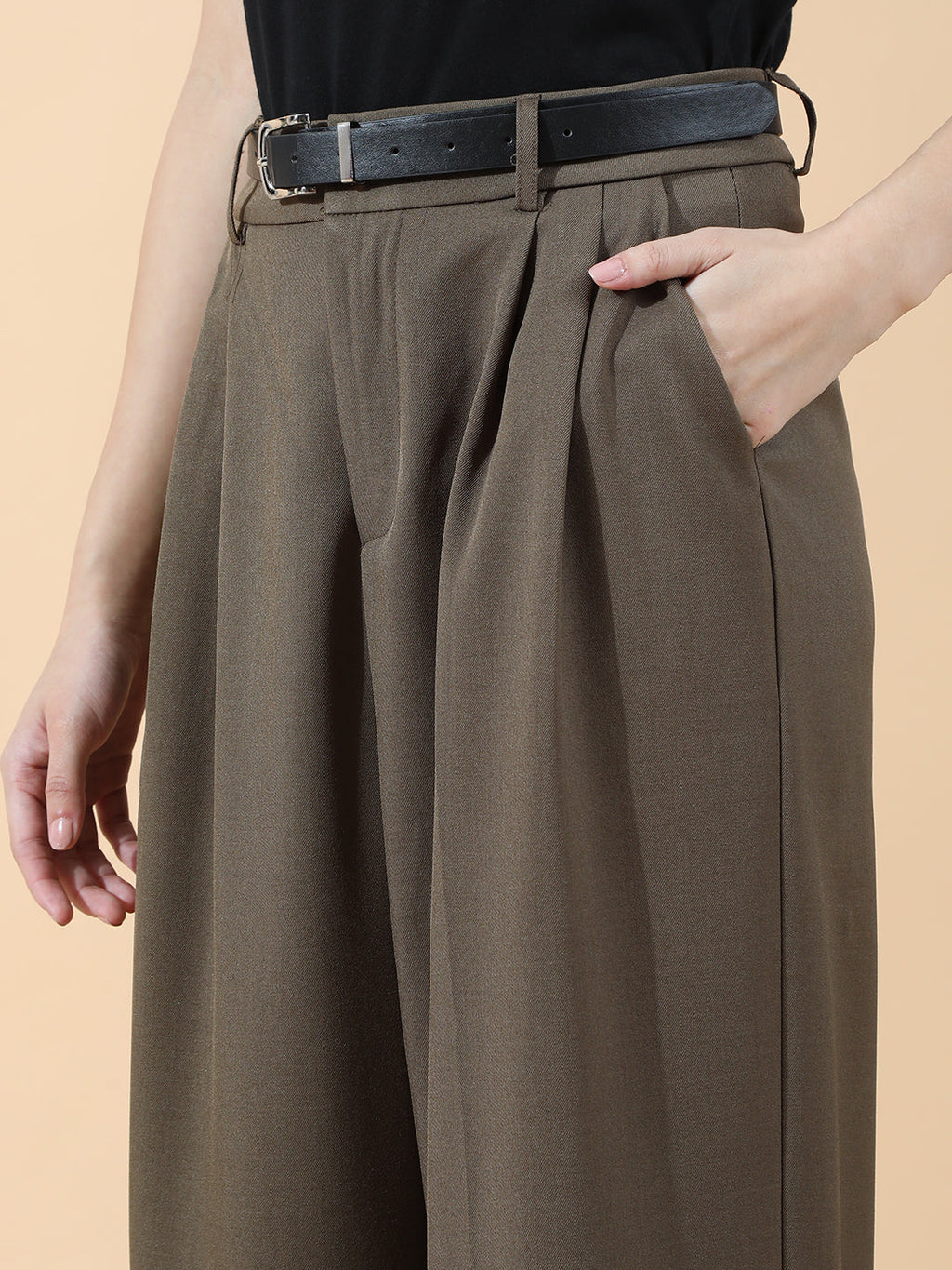 Women's Pleated Khaki High Waist Korean Pants with Belt