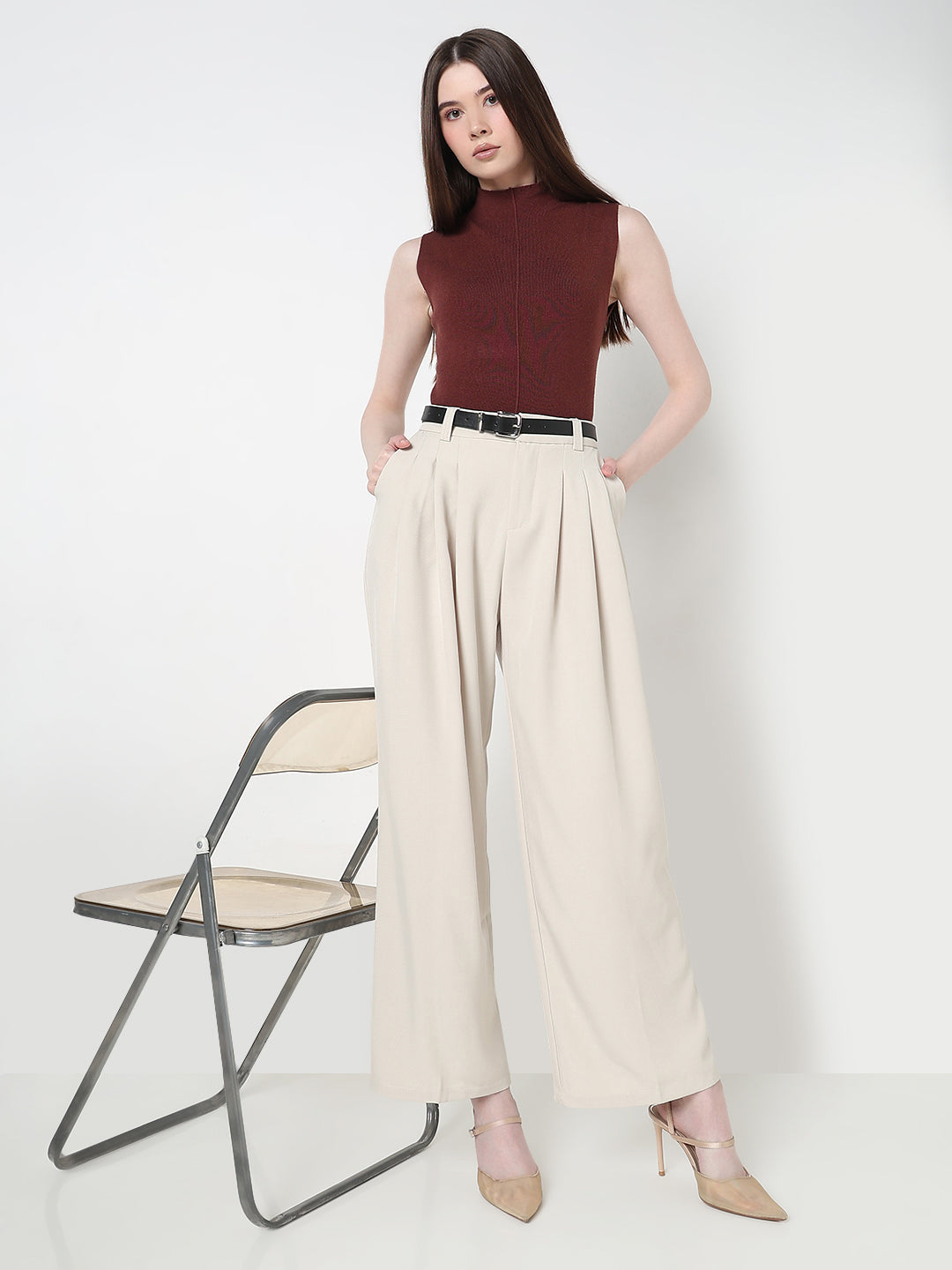 Women's Pleated Cream High Waist Korean Pants with Belt