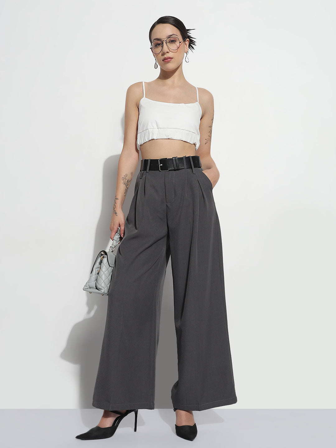 Women's Grey Formal High Rise Wide Leg Korean Pants