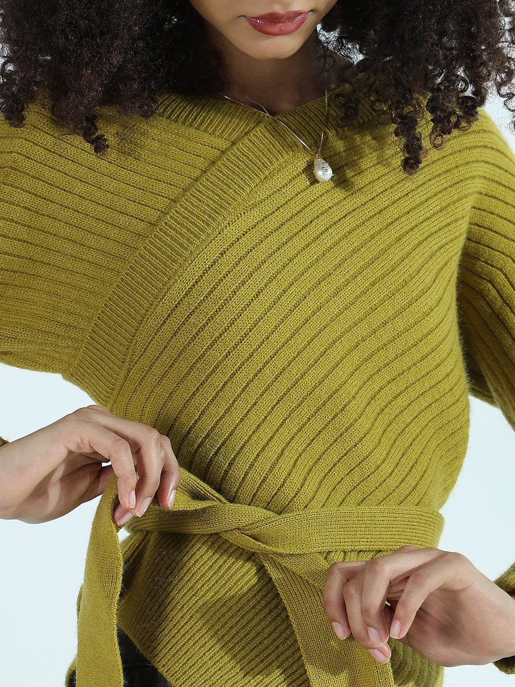 Women's Ribbed Green Asymmetric Top with Waist Tie-Up