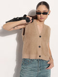 Women's Ribbed Beige V-Neck Sleeveless Knitted Fuzzy Top