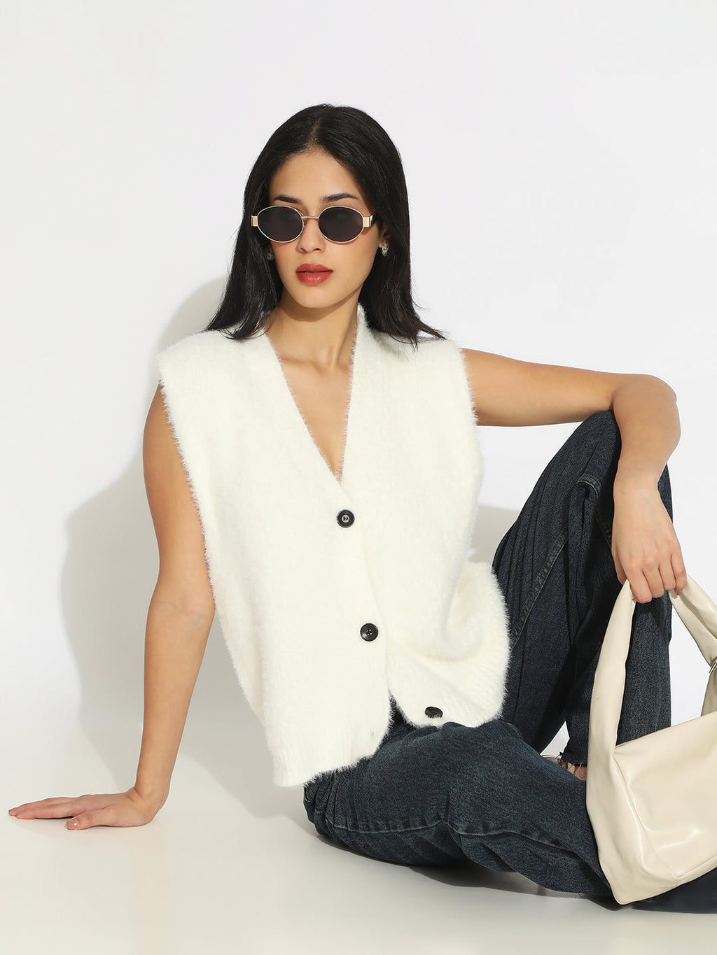 Women's Off White Textured Knit Vest Top