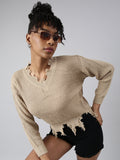 Women's Beige V-Neck Fringed Long Sleeves Boxy Top