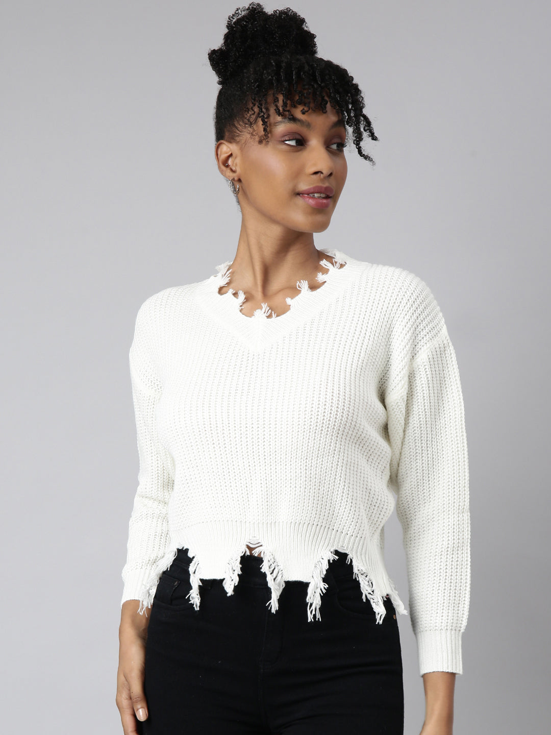 Women's Off White Vertical Stripes Striped Cuffed Sleeves Fringed Top