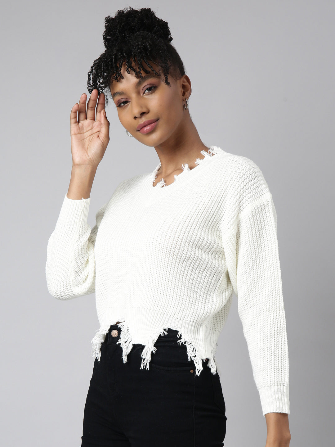 Women's Off White Vertical Stripes Striped Cuffed Sleeves Fringed Top