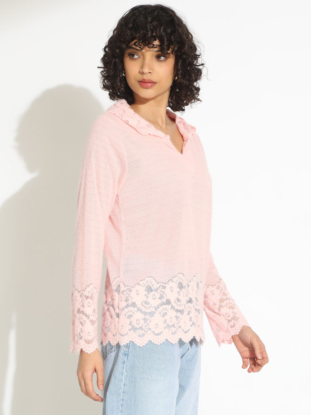 Women's Pink V-Neck Lace Trim Long Sleeve Hooded Top