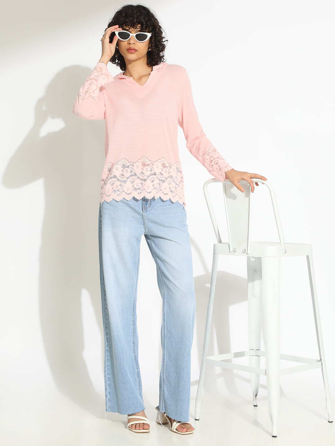 Women's Pink V-Neck Lace Trim Long Sleeve Hooded Top