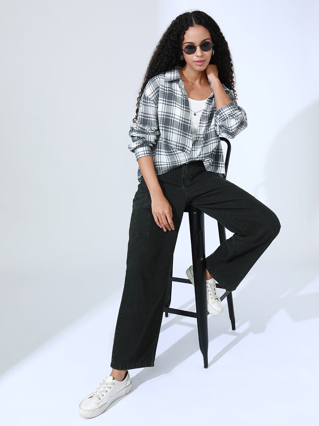 Women's Checked Grey Shirt Style Top with Inner Tank Top & Chain