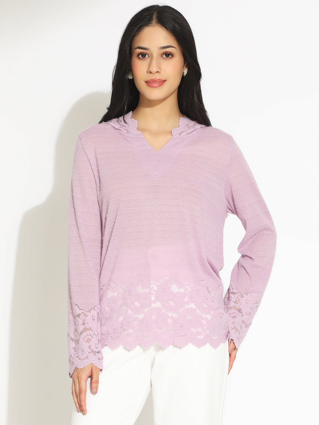 Women's Purple V-Neck Lace Trim Long Sleeve Hooded Top
