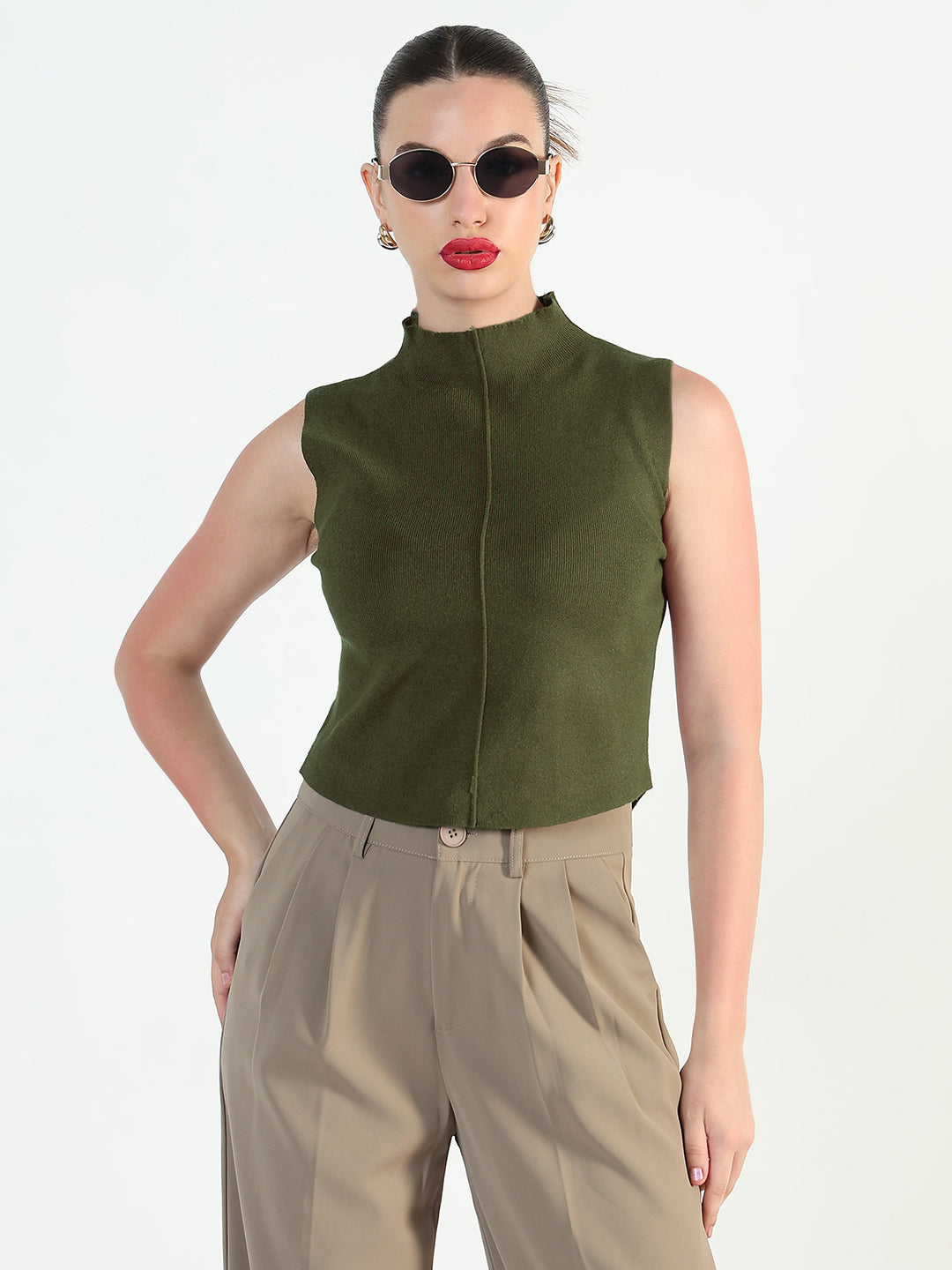 Women's Ribbed Green High Neck Fitted Top