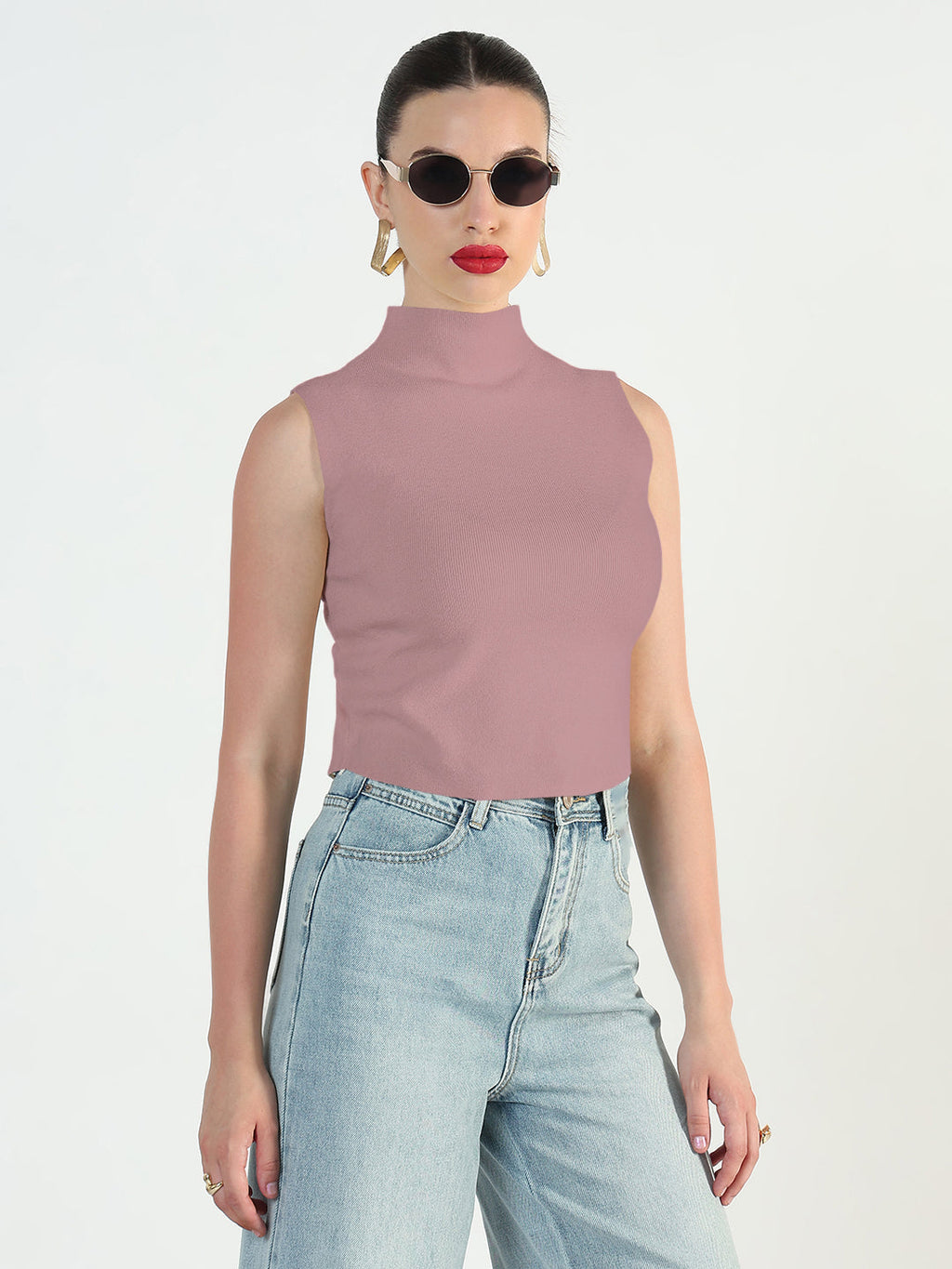 Women's Ribbed Purple High Neck Fitted Top