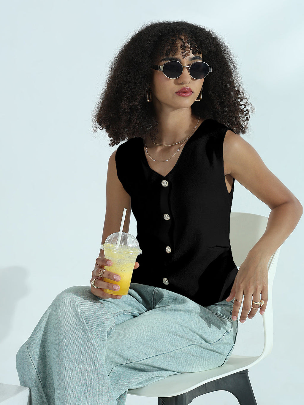 Women's Black Vest Top with Buttons