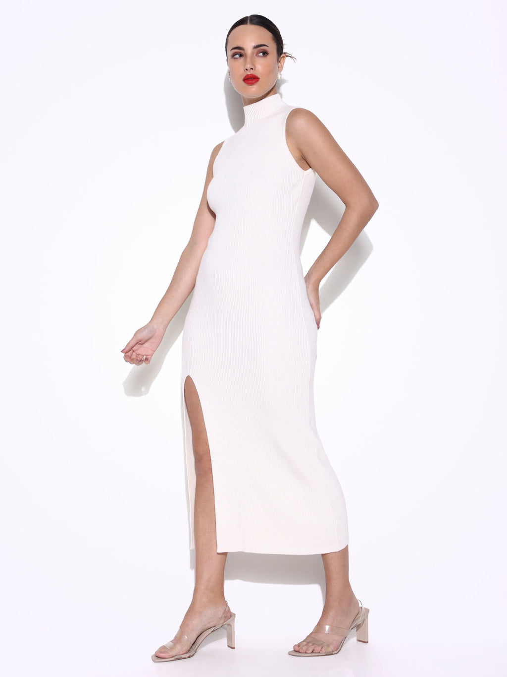 Women's Off White Ribbed Bodycon Midi Dress with Front Thigh Slit