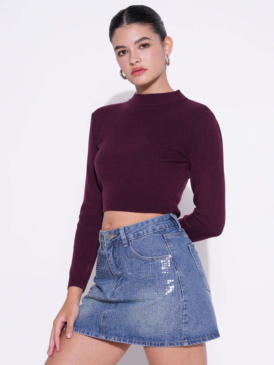 Women's Purple Round Neck Crop Top