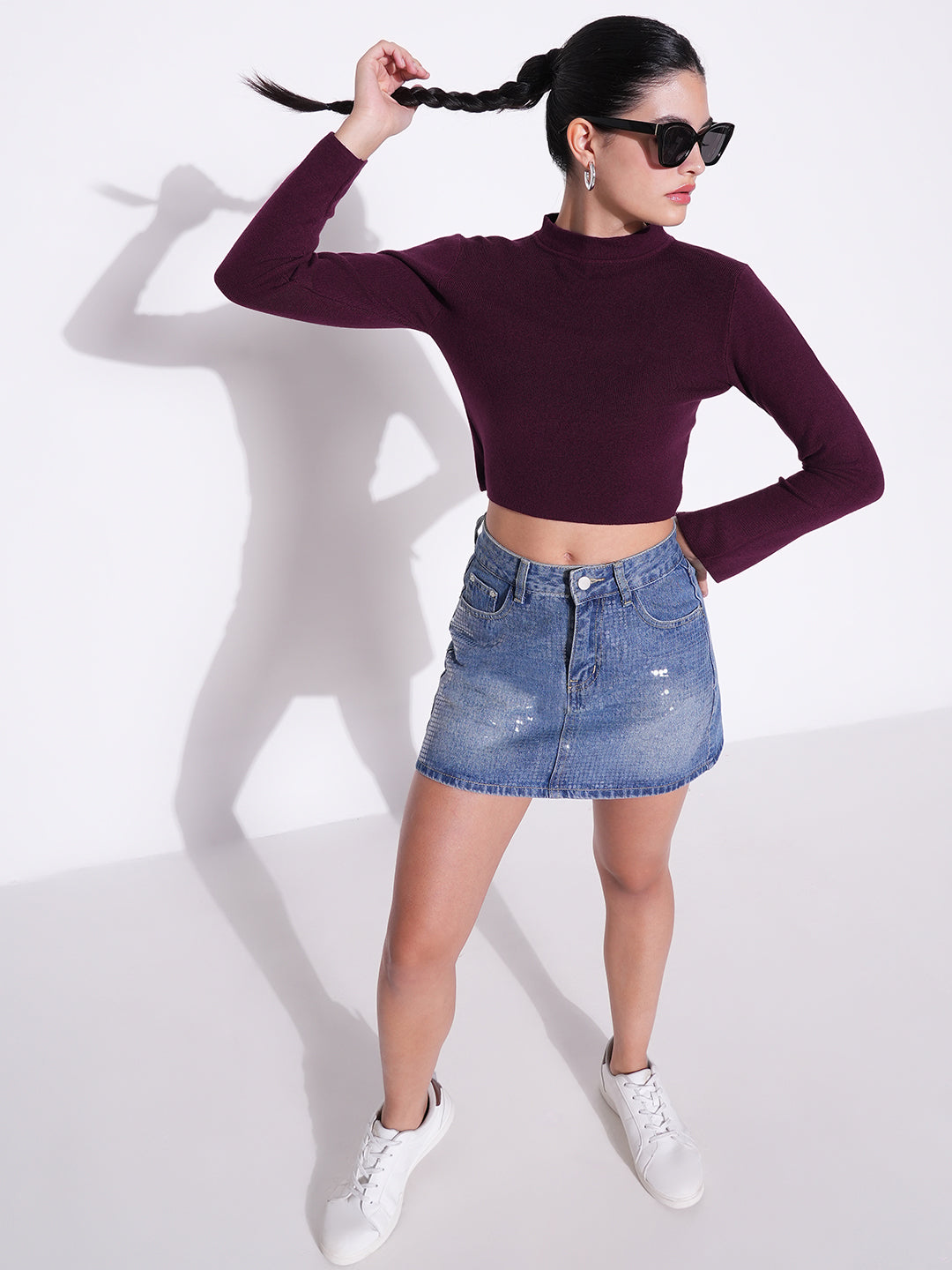 Women's Purple Round Neck Crop Top