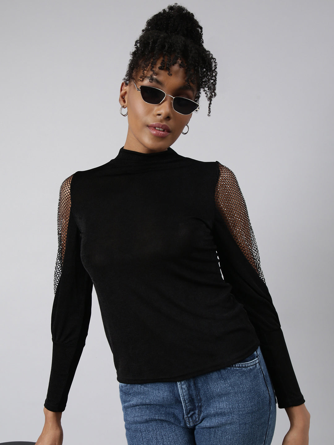 Women's Black High Neck Studded Fitted Top