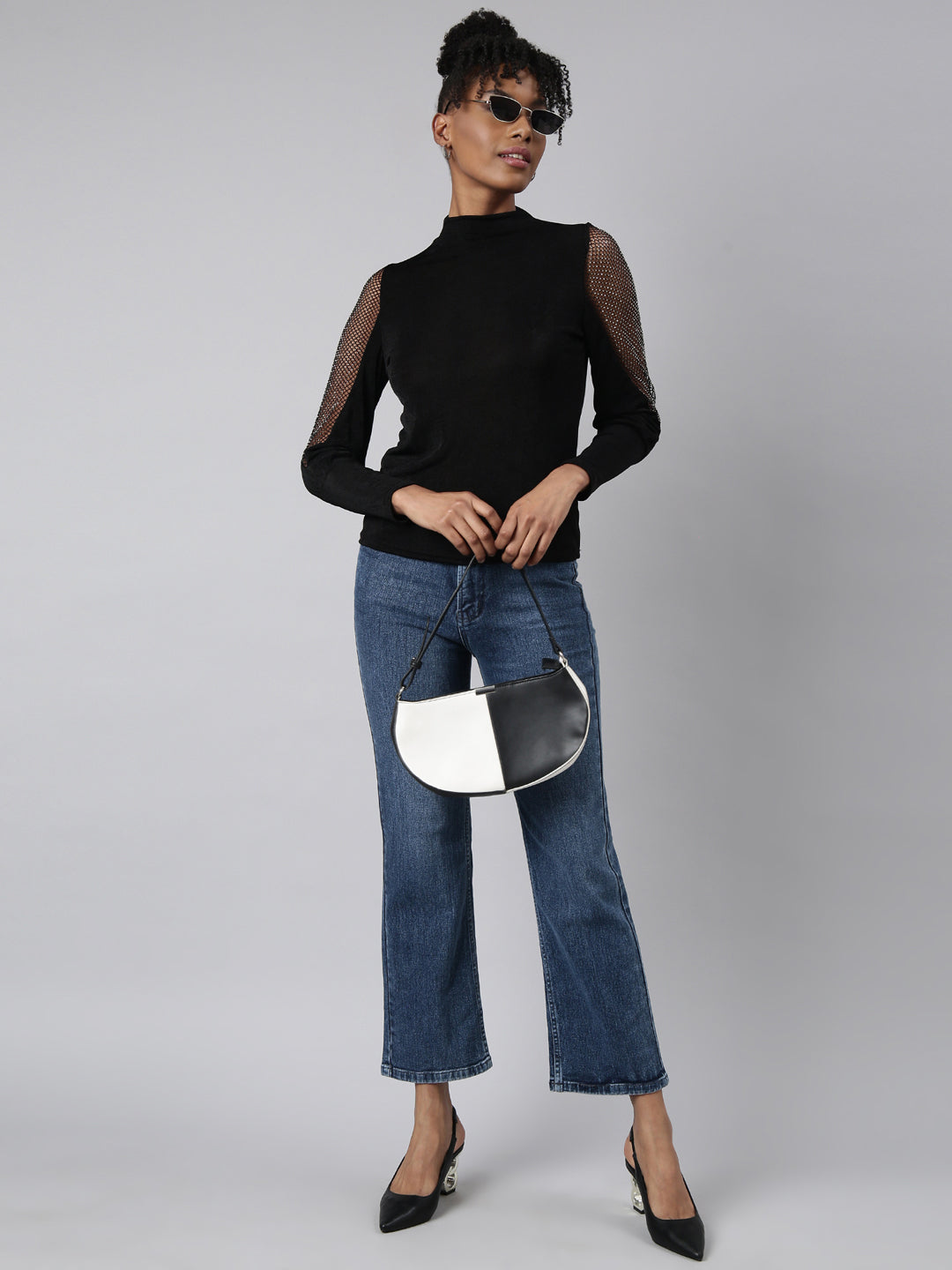 Women's Black High Neck Studded Fitted Top