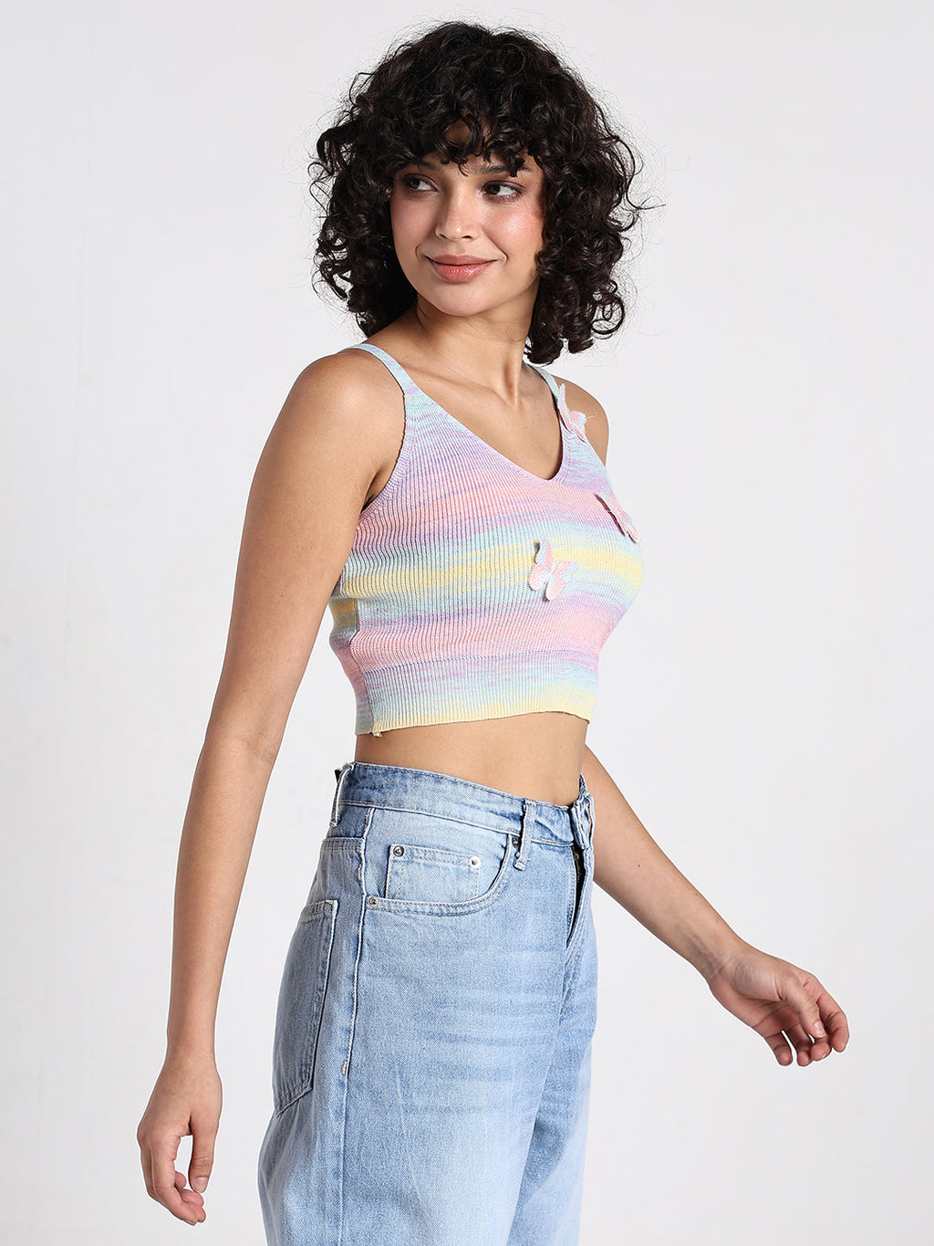 Women's Multi Ombre Knit Crop Top with 3D Butterfly Embellishments