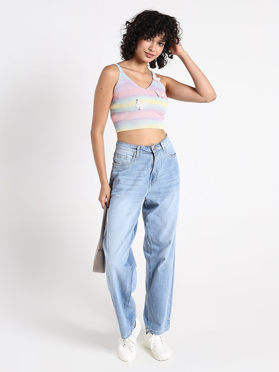 Women's Multi Ombre Knit Crop Top with 3D Butterfly Embellishments