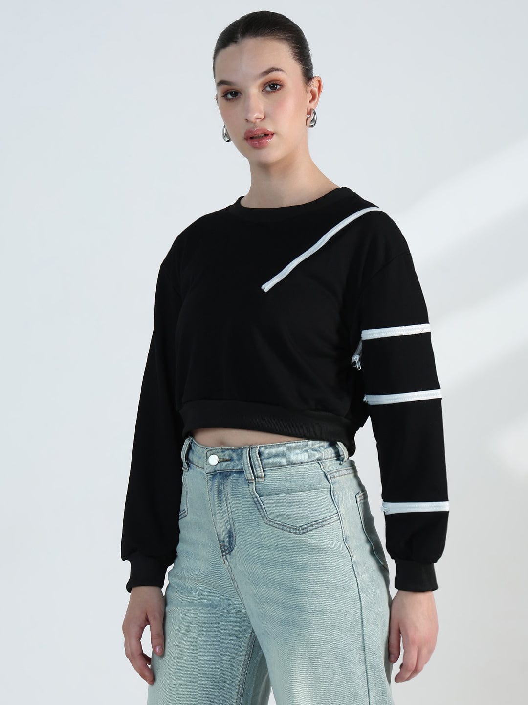 Women's Black Oversized Short Top with White Zipper Detail