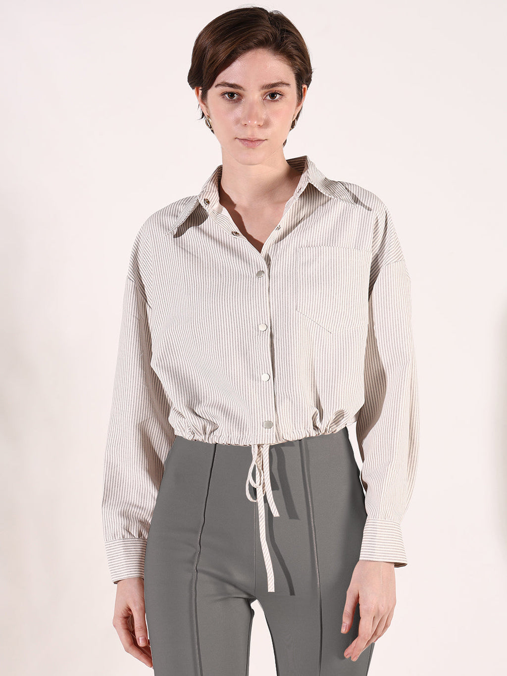 Women's Beige Striped Cotton Shirt Style Crop Top