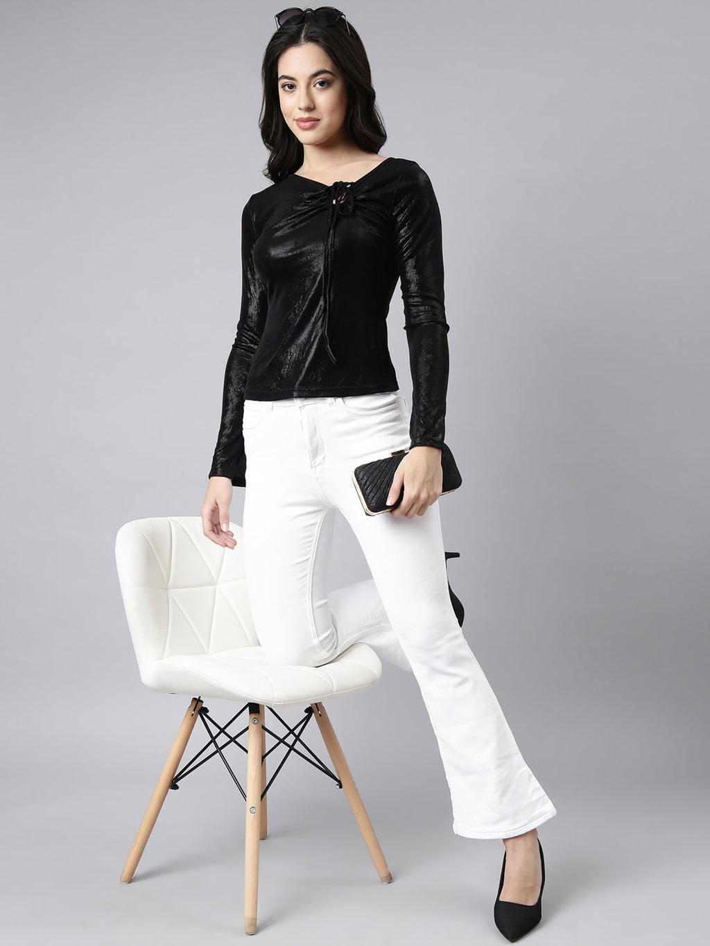 Women's Black Tie-Up Neck Fitted Top