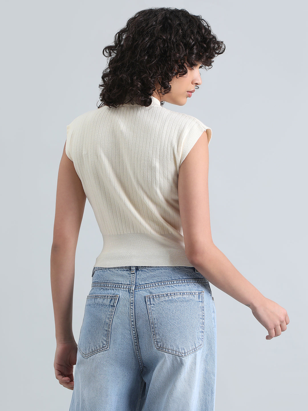 Women's Cream Ribbed Mock Neck Sleeveless Top