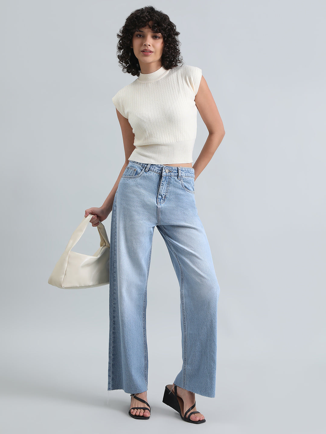 Women's Cream Ribbed Mock Neck Sleeveless Top