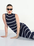 Women's Ribbed Striped Navy Blue Midi Bodycon Dresses