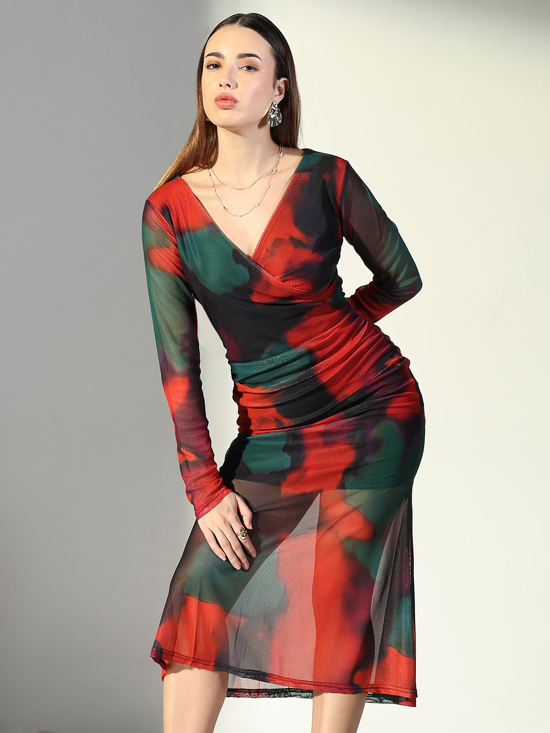 Women's Net Ruched Orange V-Neck Full Sleeves Midi Dress