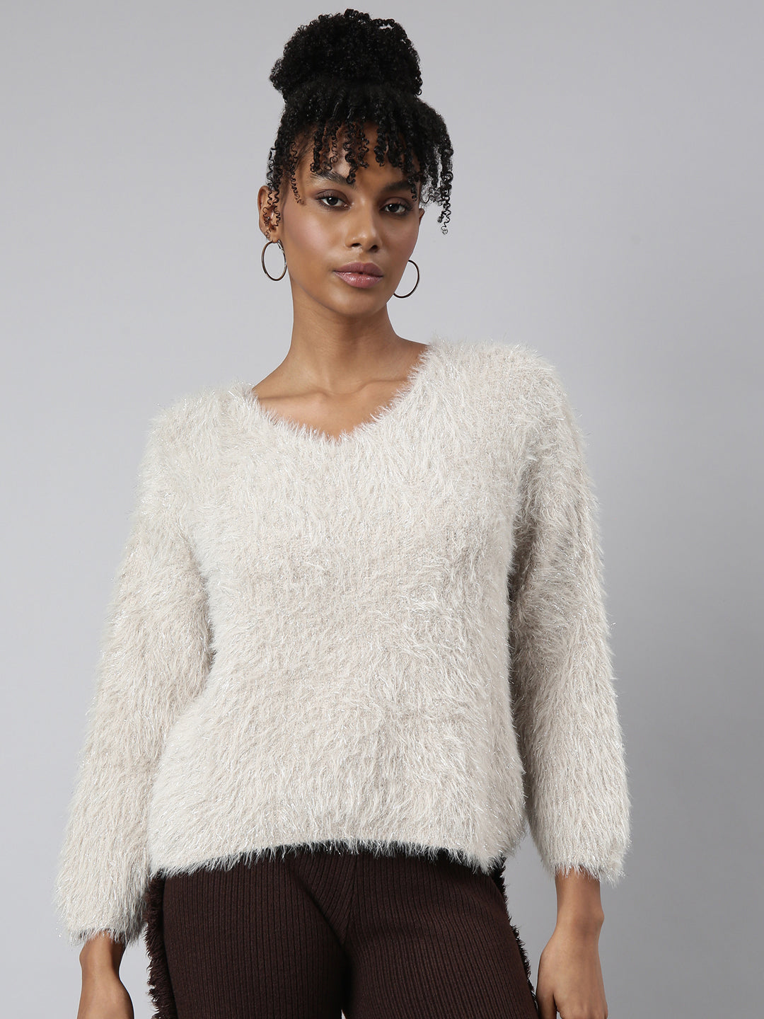Women's Beige Self Design V-Neck Faux Fur Top