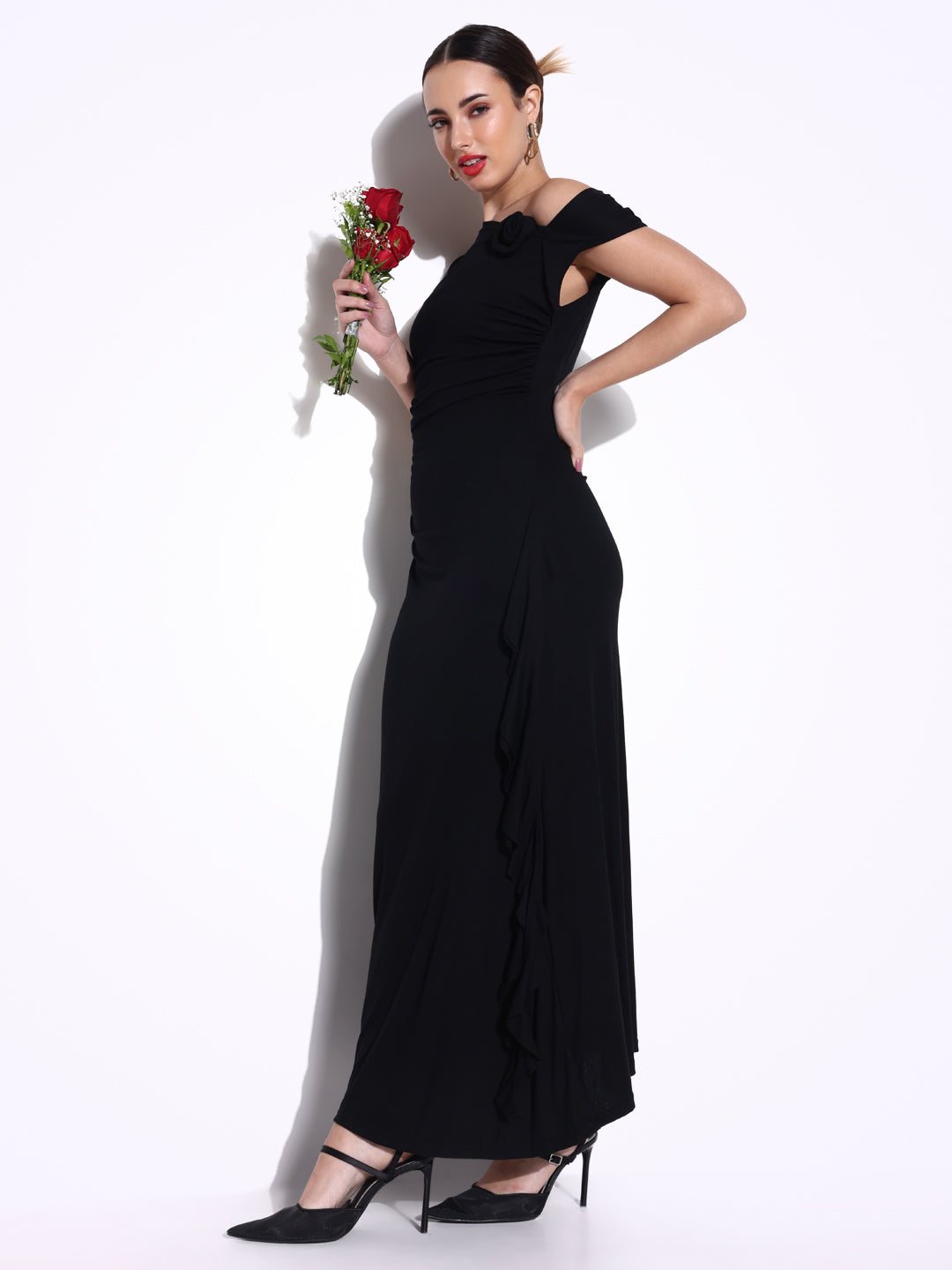 Women's Ruched Black off Shoulder Dress with Flower Ruffles