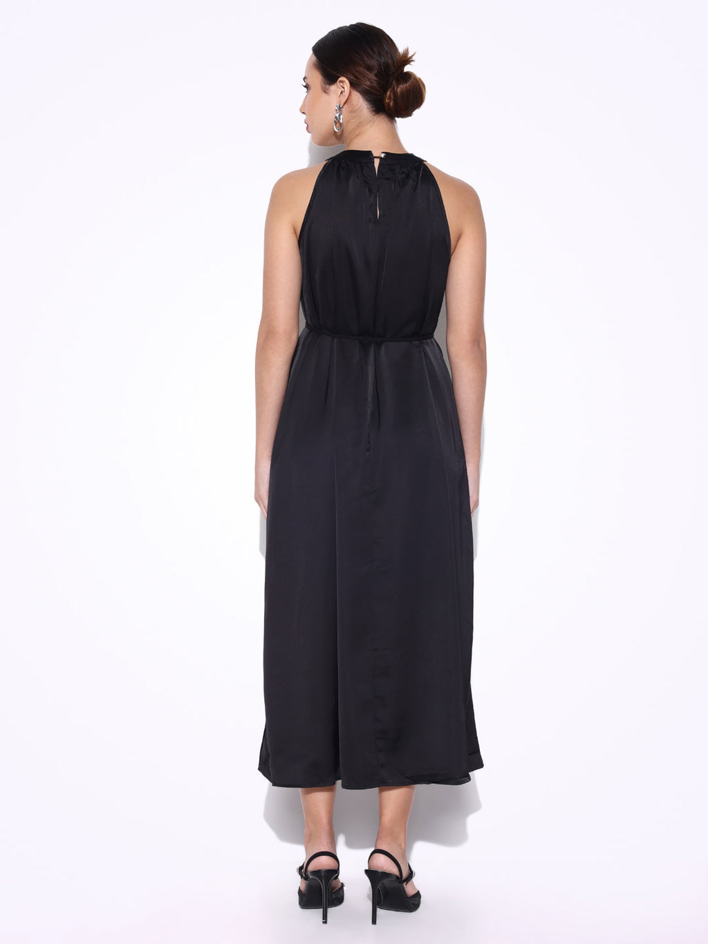Women's Embellished Neck Black Dress with Waist Tie