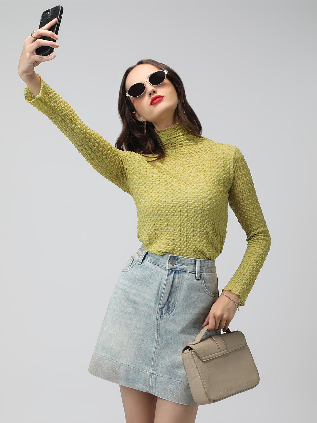 Women's Light Green Textured Sheer High Neck Top