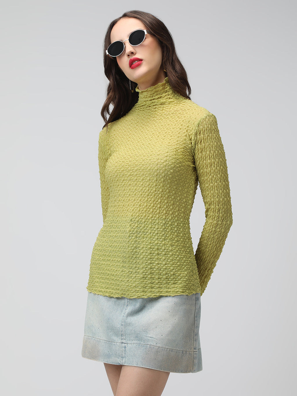 Women's Light Green Textured Sheer High Neck Top