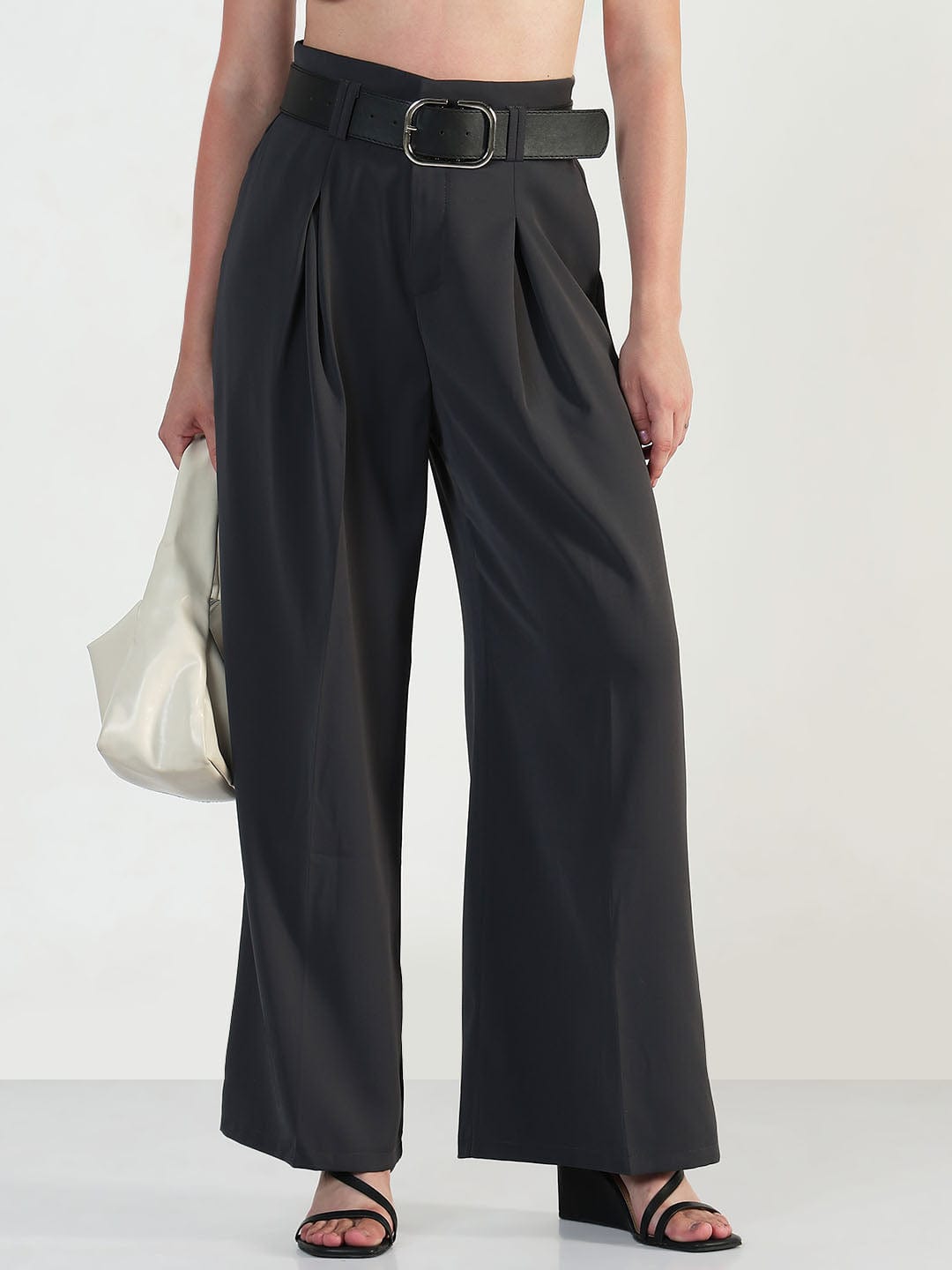 Women's Grey Straight Fit Korean Pants with Belt