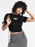 Women's Black Ribbed Short Sleeve Cut-Out Detail Crop Top