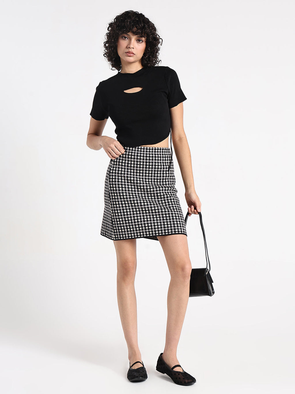 Women's Black Ribbed Short Sleeve Cut-Out Detail Crop Top