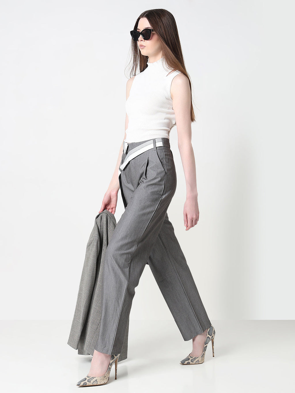 Women's Grey Pleated Korean Trousers with Contrast Belt Detail