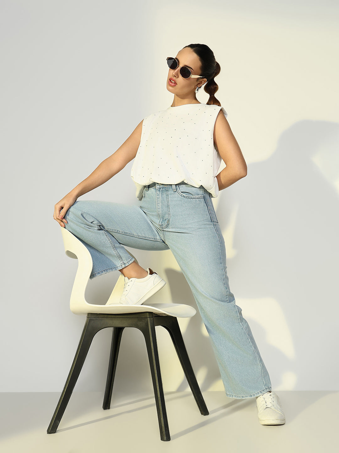 Women's Embellished White Boxy Fit Top