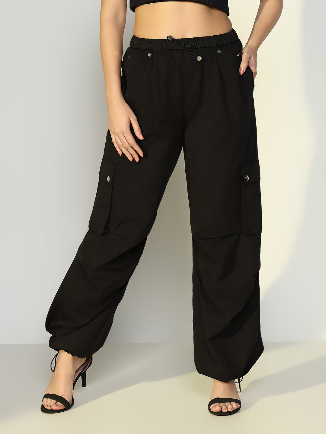Women's Black Parachute Cargos with Side Pockets